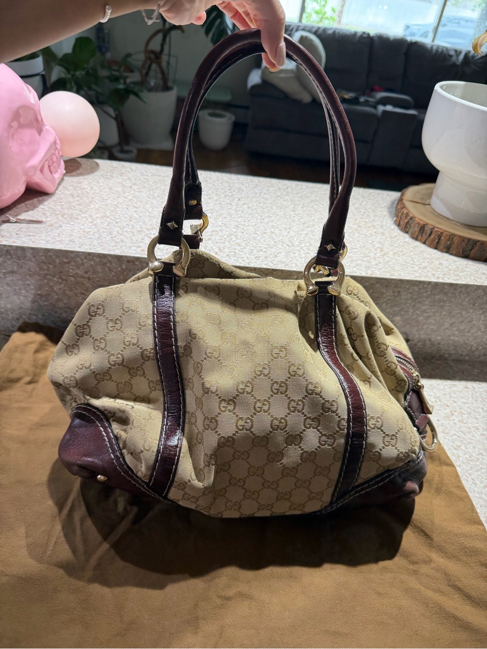 Gucci Boston Leather Shoulder Bag with Dark Brown Leather Trim